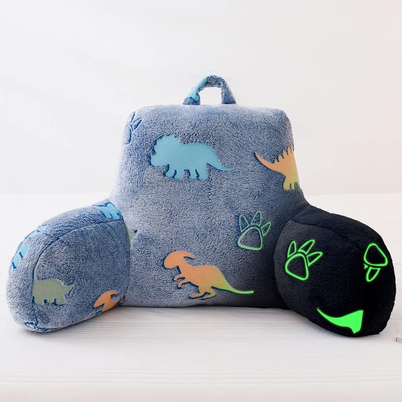 Aimuan Reading Pillow Glow in The Dark Bed Rest Wedge kids Glow Backrest Pillow Dinosaur Print with Arms Back Support for Sitting Up in Bed Cushion, Orange-blue - Image 1